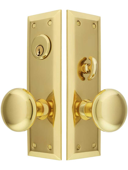 New York Large Plate Mortise Entry Set In Forged Brass in Polished Brass.